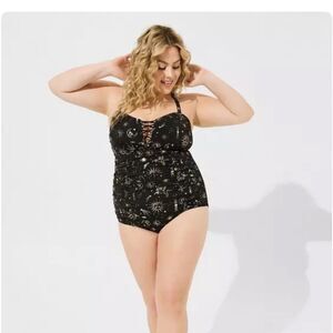 Torrid Black Gold Celestial Design Ruched Swimsuit Vacation Beach Pool Cruise